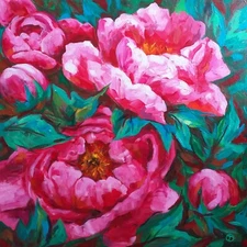 Peonies Acrylic Painting Stretched Canvas Still Life Flowers 24x24 inches   Ⓣ