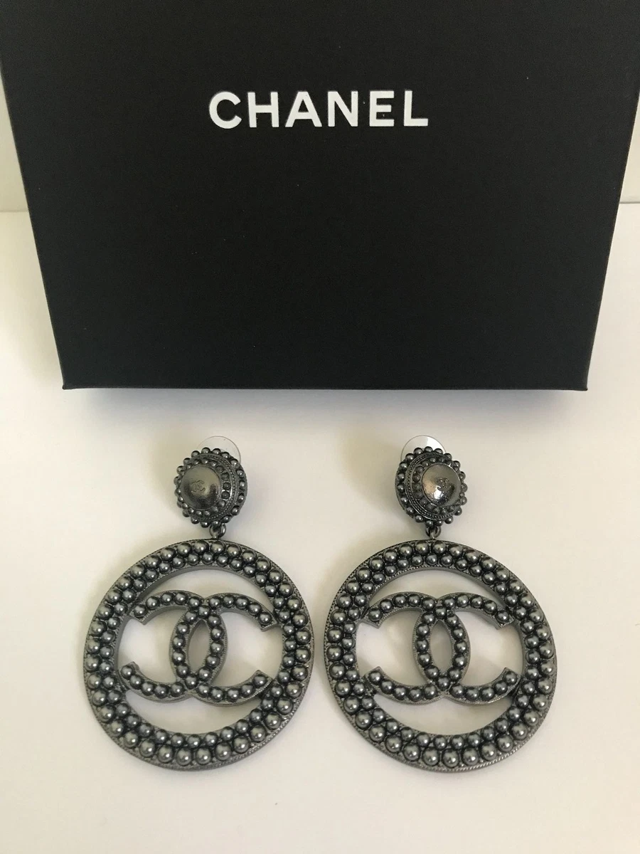 NWT Chanel Large Ruthenium CC Logo Pearl Disk Hoop Drop Statement Earrings  w/Box