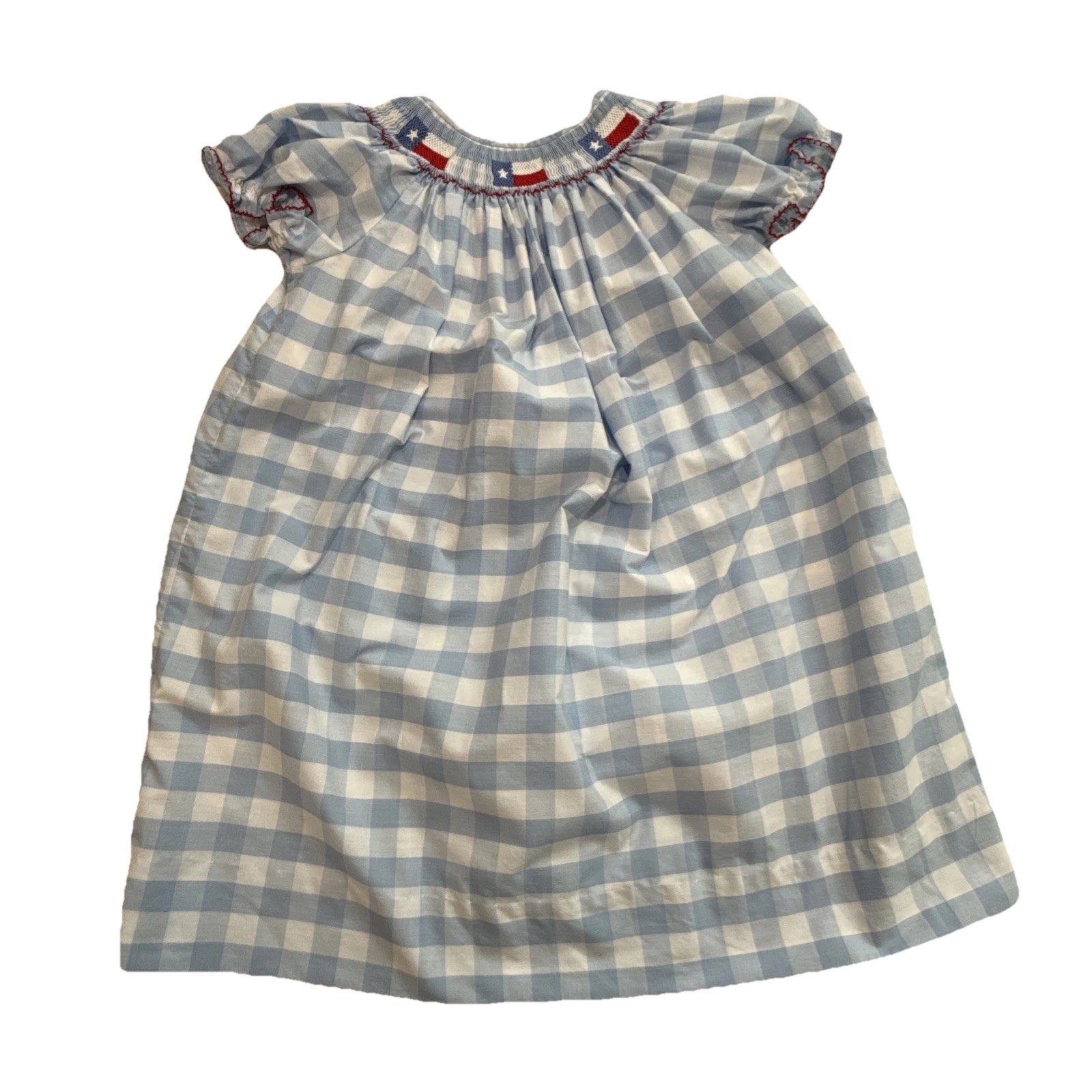 Classic Whimsy Girls Bishop Dress Blue Gingham Smocked Flag Size 6