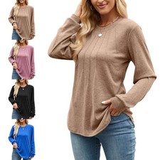 Womens Loose Fit T-Shirt Crew Neck Stretch Casual Long Sleeve Plain Basic Top