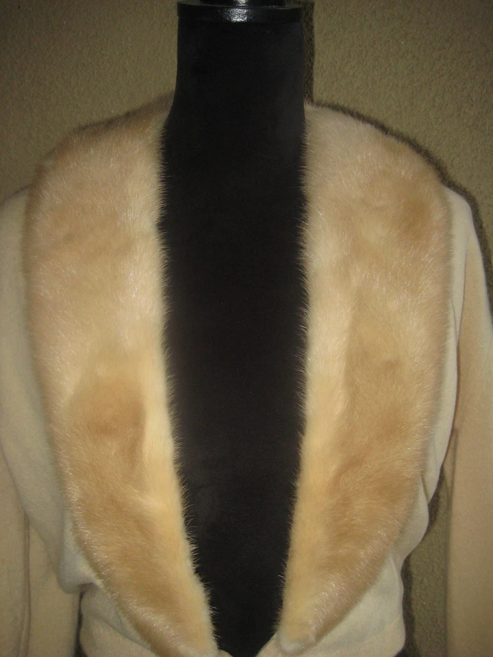 Cárdigan vintage beige 100 % piel cachemir cuello años 50 perla broche/puño línea encaje Foto 2 de 4