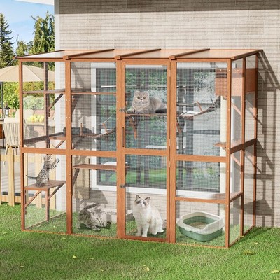 Wooden Catio Enclosure for Multiple Cats 7 Platforms Condos Scratching Post