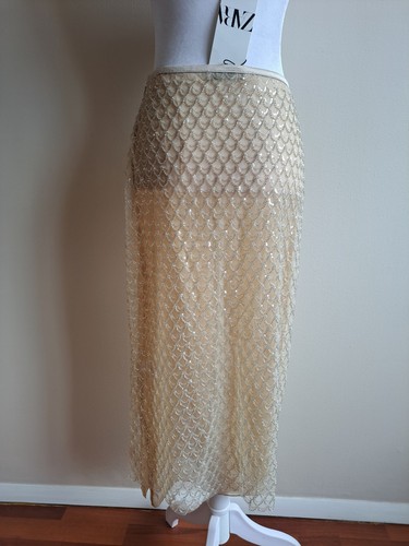 NEW Zara Beaded Sequin Midi Skirt Cream Tan Color Size S - Picture 8 of 21