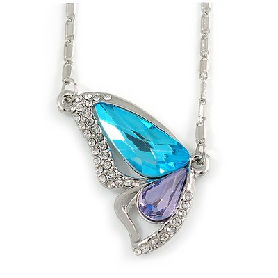 Himmelblau/Amethyst/klar Kristall Schmetterling Anhänger mit silberfarbener Kette -