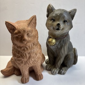 Vintage Cat Figurine Lot Wood Carved Cat & Terra Cotta Kitty Folk Art Decor Pair