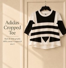 adidas Black White Graphic Logo Cropped Crew Neck Short Sleeve Tee S