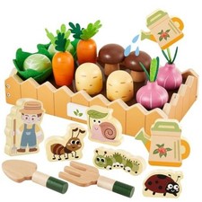 Carrot Harvest Game Wooden Toy Food Set Montessori Vegetable Garden Brown