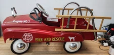 Vintage Fire Man Truck Rescue Metal Pedal Car W/ Wooden Ladders