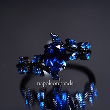 Women  s Cornflower Blue Sapphire Ring Black Rhodium Sterling Silver Leaf Band