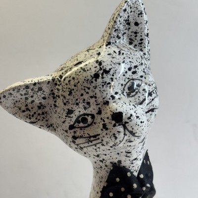Vintage Black White Splatter Cat Figurine Ceramic Folk Art w/Polka Dot Bow Tie