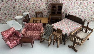 MINI ROOMS Vintage Dollhouse Furniture Lot “5 Rooms” Living Dining Bed Bath