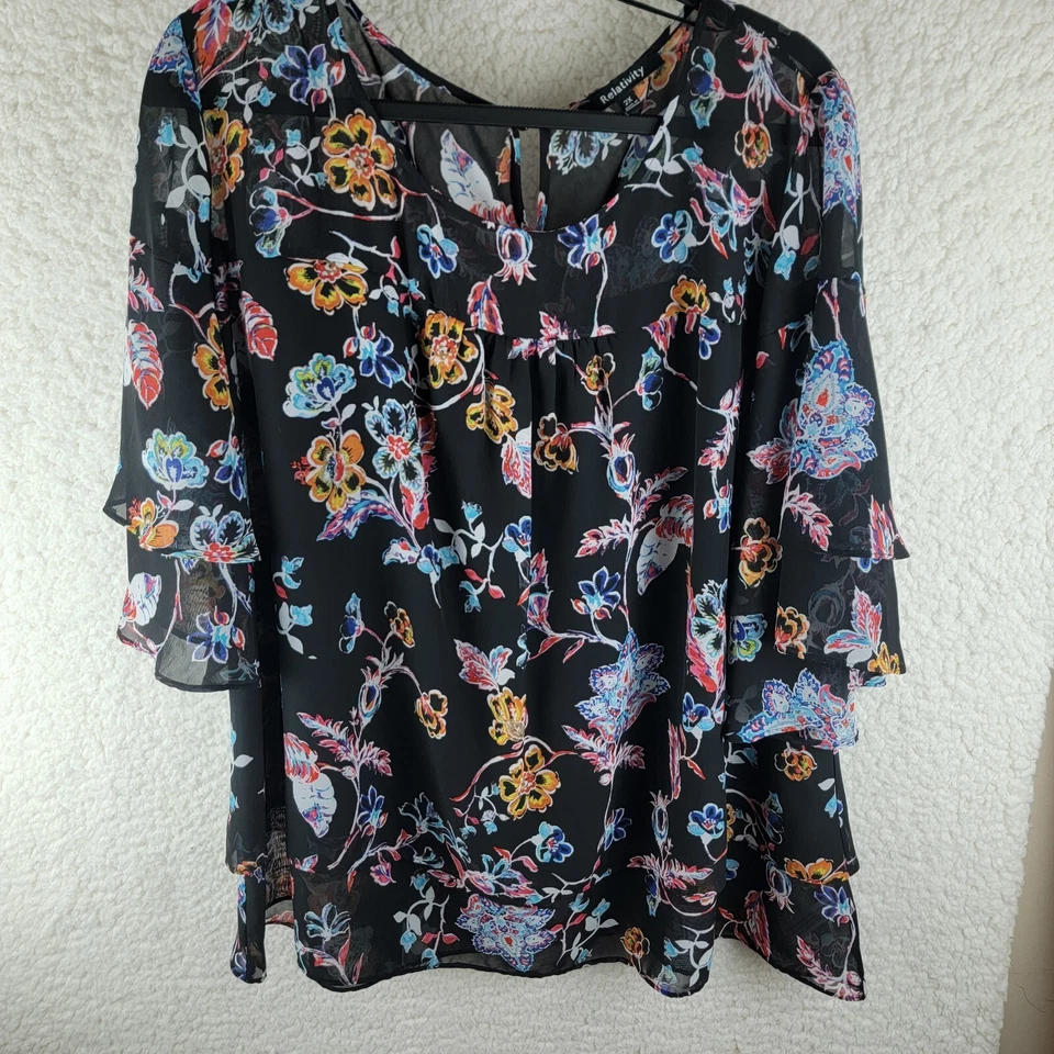 Relativity Top Womens 2X Floral Print Sheer Bell Sleeves Blouse Flowy Peasant - Image 3 of 4
