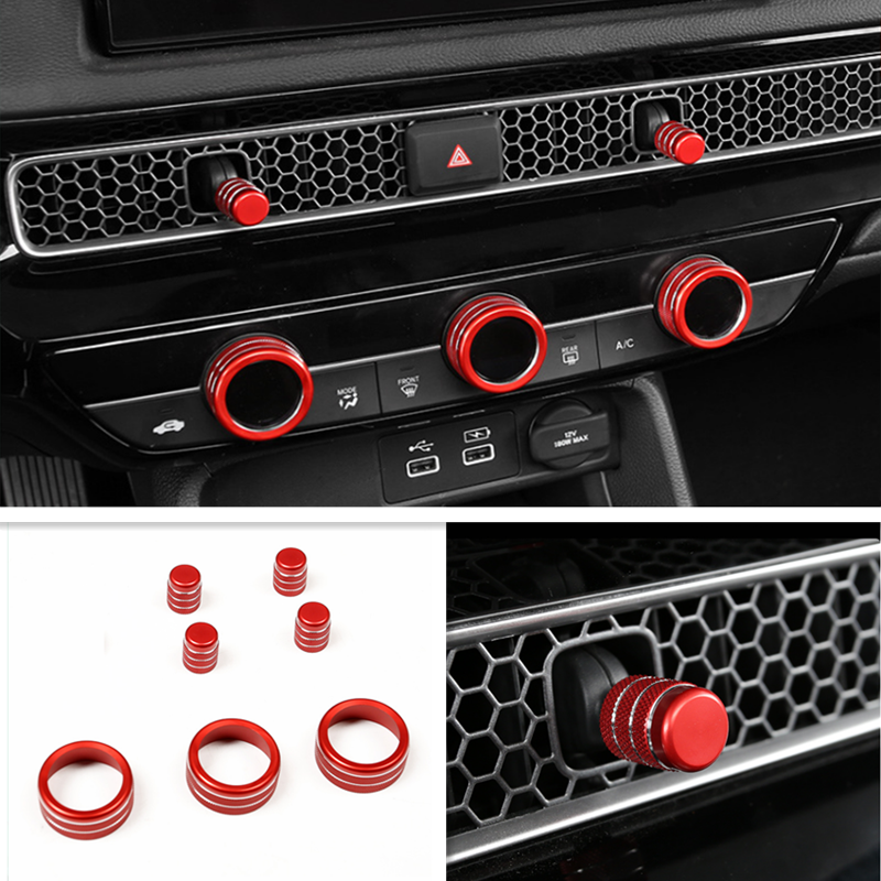 Car Dashboard Console Knob Red Trim Cover 7pcs For Honda Civic 2022 2023