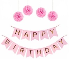Happy Birthday Banner - Chic Garland - Pink with Gold Foil Lettering  Pom Poms