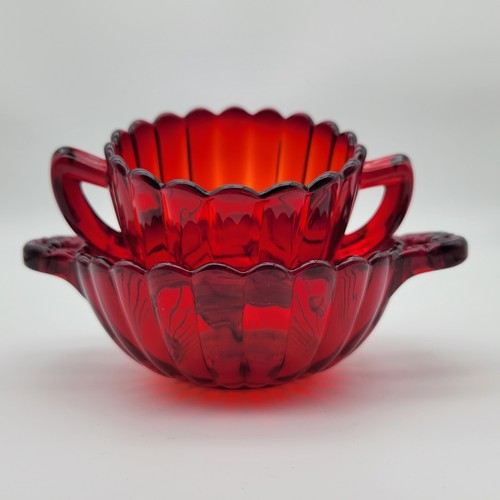 Vintage Amberina Imperial Glass 2 Bowls Deep Red Footed Sugar Bowl Cottagecore - Picture 2 of 10