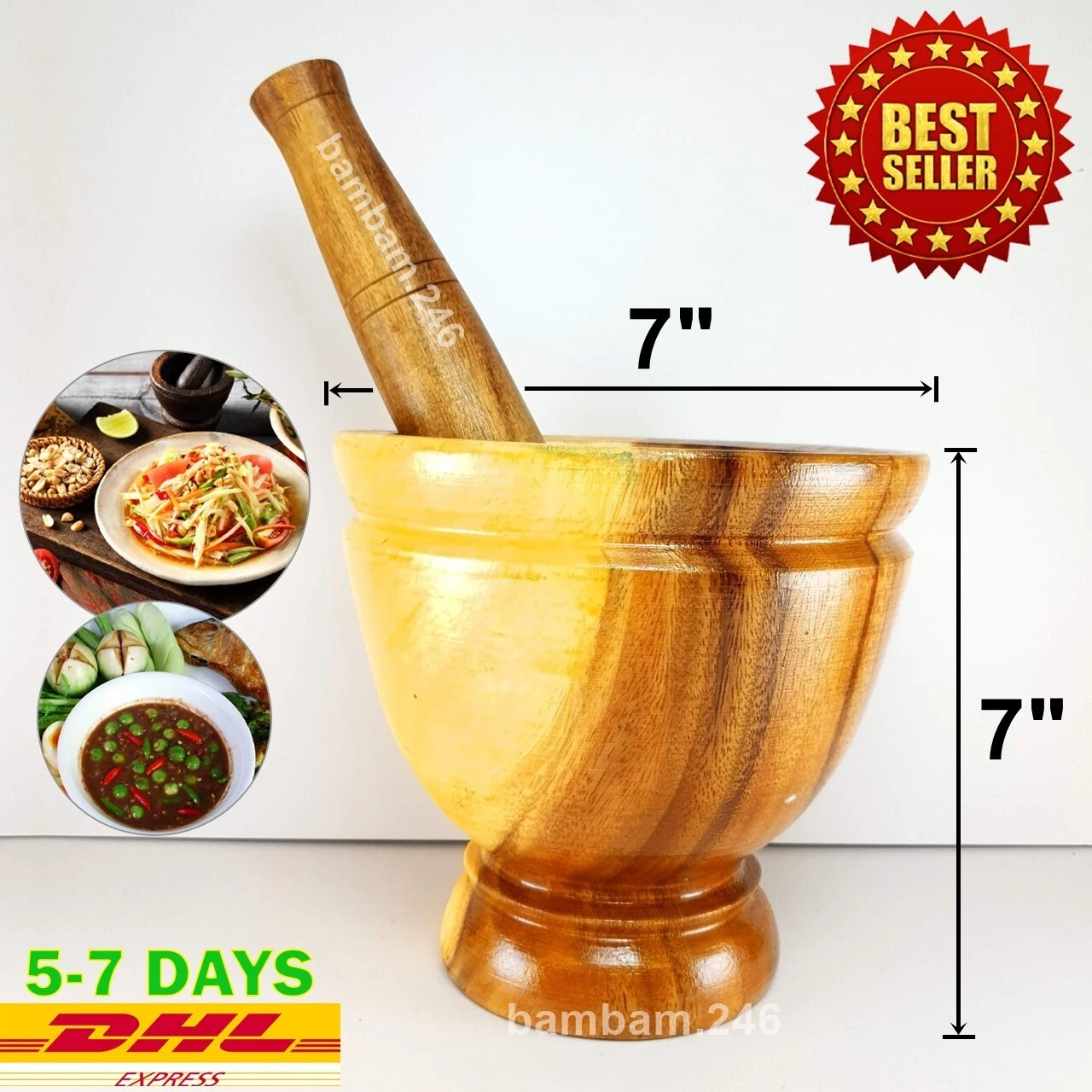 7" Thai & Laos Mortar with Pestle Grinding Cookware Papaya Salad Somtum Mixer Na