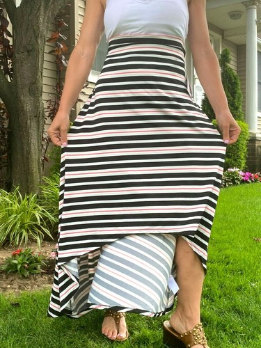 LULAROE OLIVIA HI LOW MAXI YOGA STRIPE SLINKY B&W SKIRT STRAPLESS DRESS NWT L🌺 - Picture 5 of 11