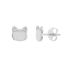 Tiny Cat Face Shape Stud Earring Real 14K White Gold