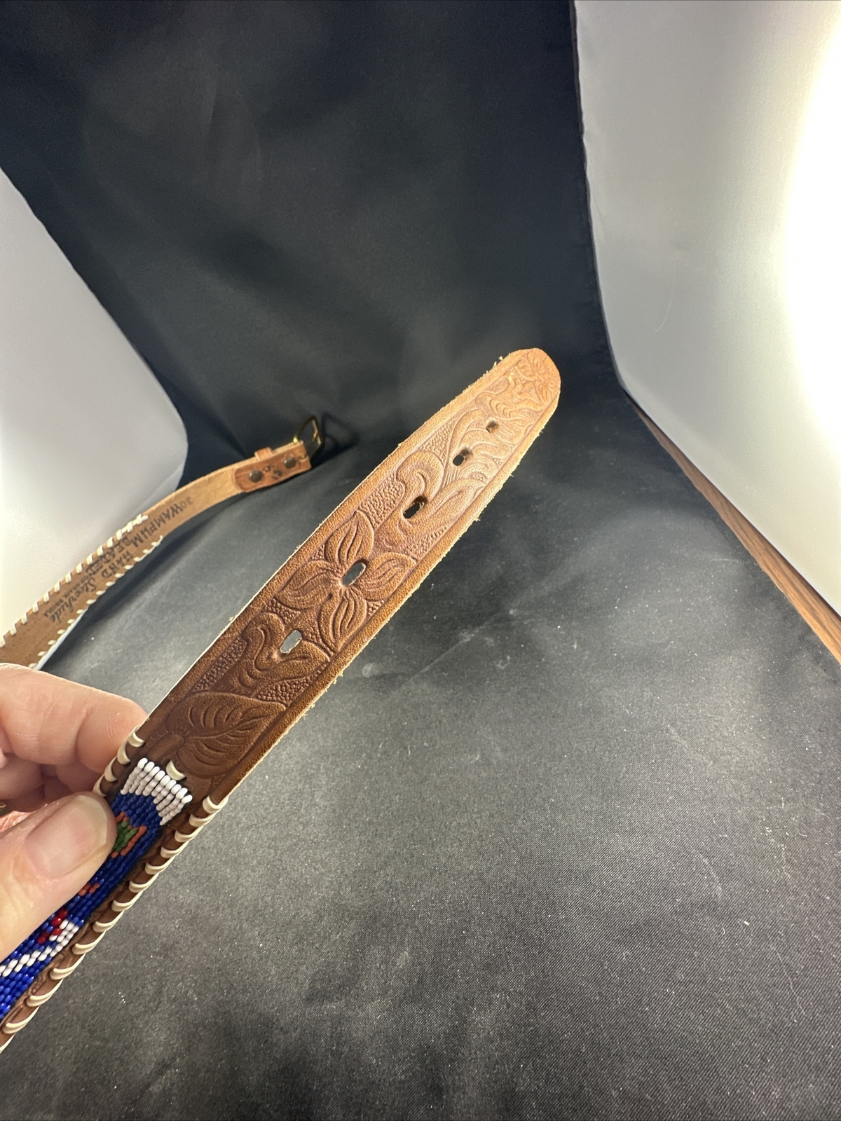 Vintage Wampum Hand Beaded Steerhide Leather Belt SZ … Gem