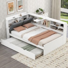 Twin/Full Size Bed Frame Wood Platform Bed with Trundle & Headboard & Shelves