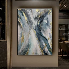 Hand-Painted Abstract Oil Paintings Contemporary Art Painting  Blue Silve