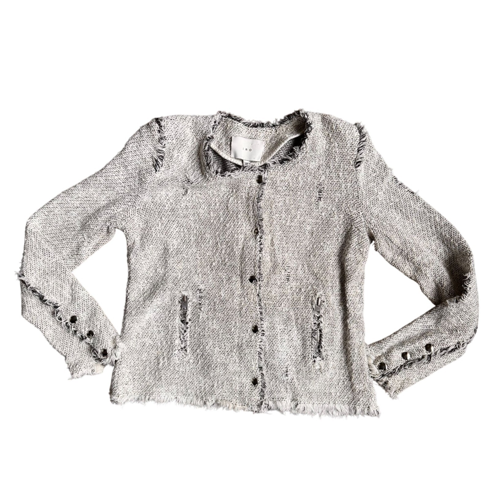 IRO Agnette Tweed Jacket Distressed Boucle Long Sleeve Women 38 Zip Chambray