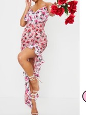 Pretty Little Thing Dusty Pink Floral Print Frill Detail Asymmetric Maxi Dress 6