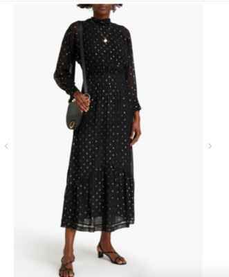 BASH Ba&sh Romy Dress Womens Sz 1 US 4 Metallic Georgette Midi Black Gold Noir