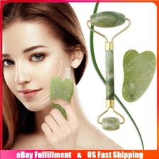 Natural Jade Stone Gua Sha Board Facial Roller Set Face Scraping Massager Tool