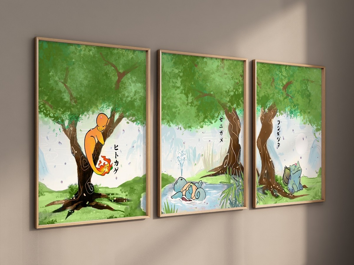Pokemon Poster Set of Framed Wall Art Calm Scene Wall Art Prints Green