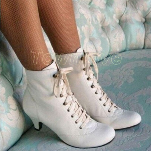 Botines de tacón bajo de gatito victoriano retro con cordones para mujeres damas zapatos formales - Imagen 5 de 21