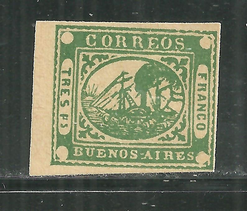 BUENOS AIRES 3 MINT LIGHT HINGE, LIKELY COUNTERFIET, STAEMSHIP ISSUE OF 1858