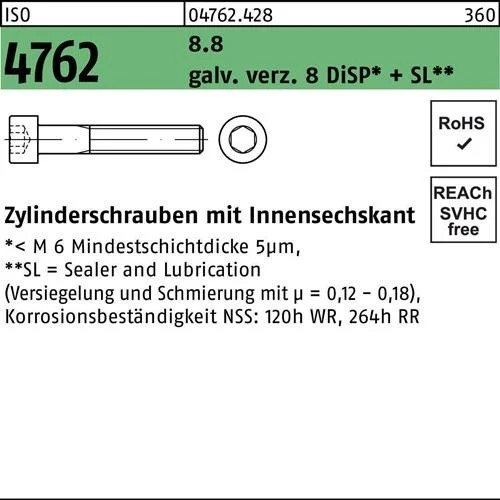 Zylinderschraube ISO 4762 Innen-6Kt M10X50 8.8 Galv.Verz. 8 Disp+Sl 100St.-image