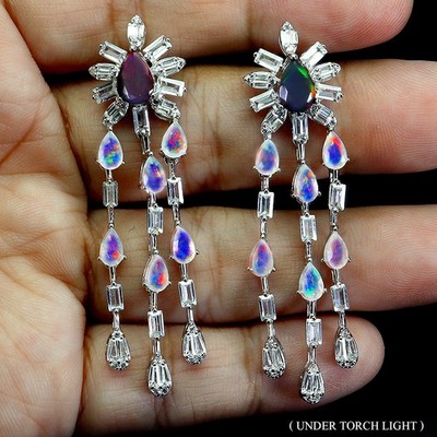 925 Sterling Silver Earrings Pear Black Opal 7x5mm Fire Opal Gemstone Jewelry