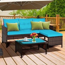 3PCS Outdoor Rattan Furniture Set Patio Couch Sofa Set w/ Turquoise Cushion