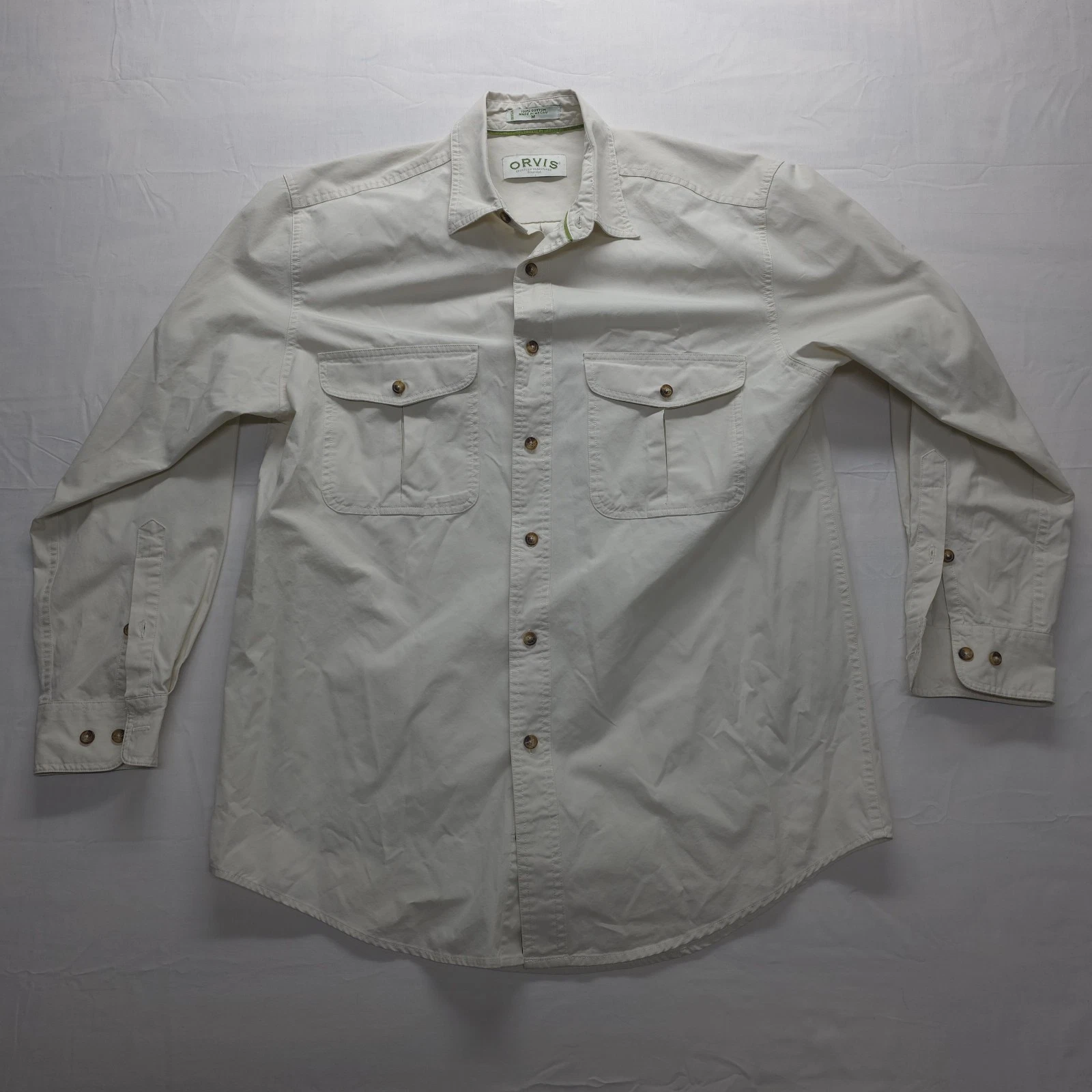 Vtg Orvis Button Up Shirt Medium M Ivory Cotton Canvas Workwear Fishing Hiking