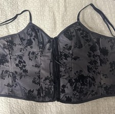 Black Floral Satin Lace-Up Corset Top Women s Polyester Sleeveless Boned