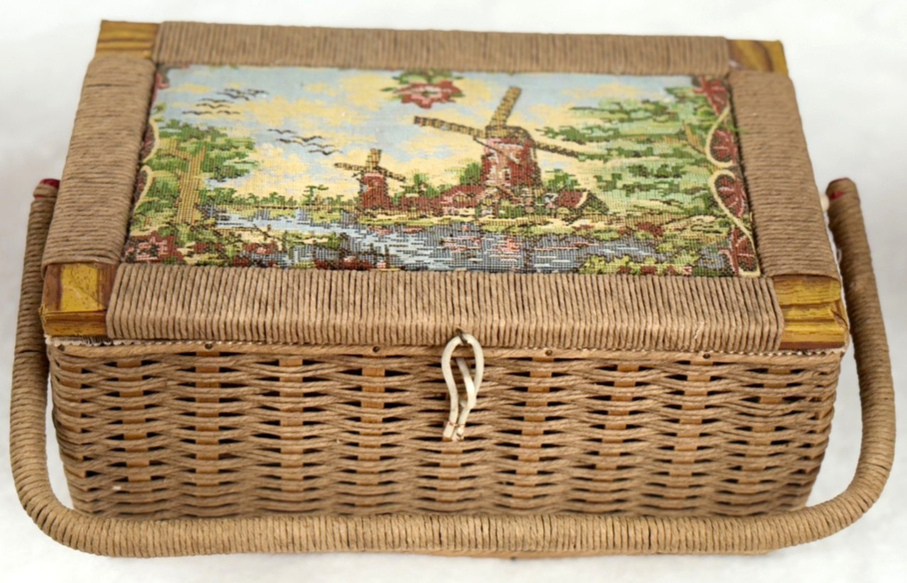Vintage Tapestry Woven Wicker Sewing Basket Box Windmill Scene Made in Korea