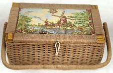 Vintage Tapestry Woven Wicker Sewing Basket Box Windmill Scene Made in Korea