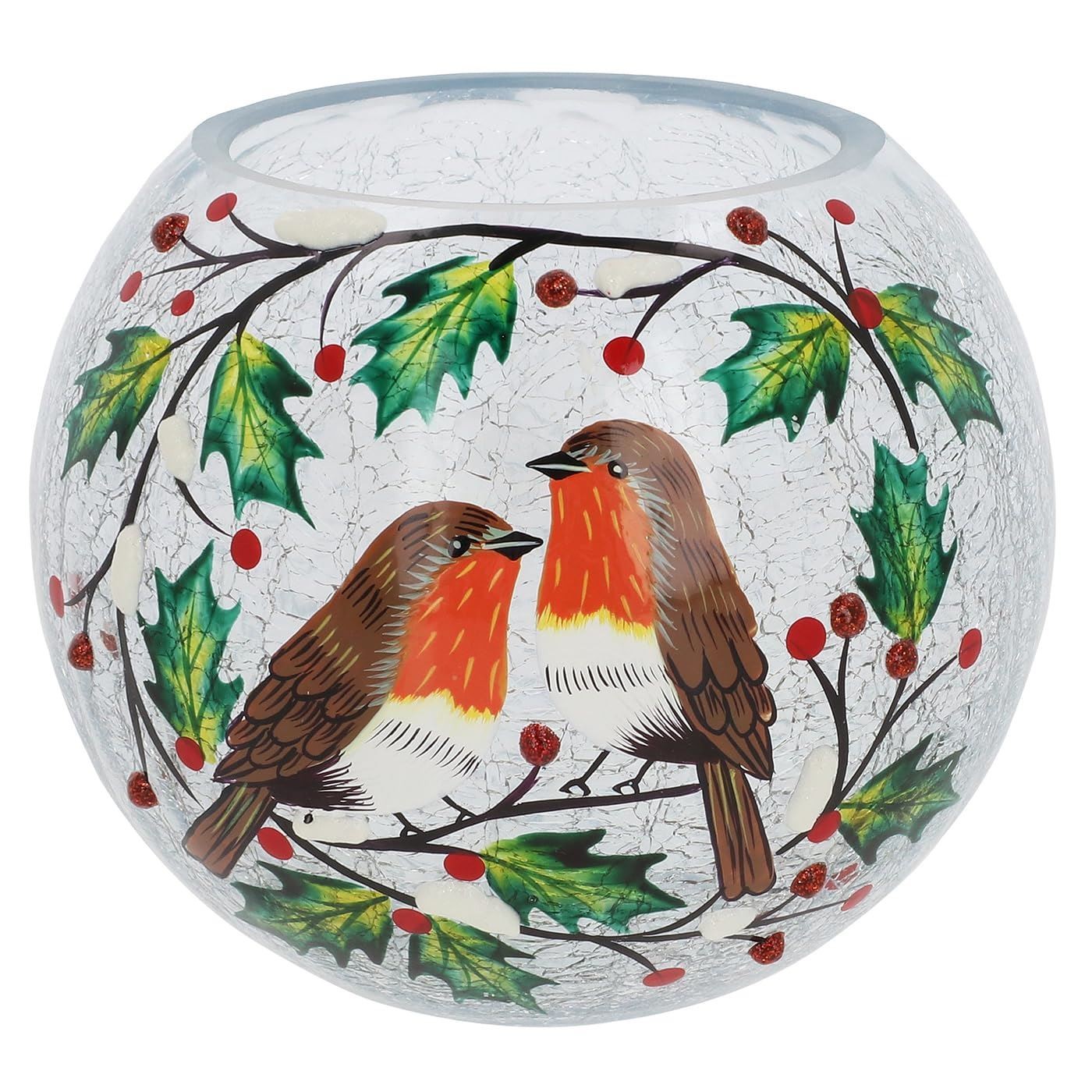 Shudehill Giftware Christmas Crackle Glass Tealight Holder Robin Holly Large