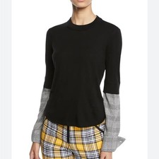 VERONICA BEARD Roscoe Crewneck Wool Sweater with Plaid Sleeves