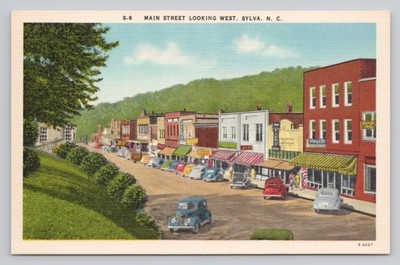 Main Street Looking West Old Cars Sylva North Carolina Postcard