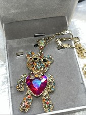 Rhinestone TEDDY BEAR Pendant Pink Heart Tummy 18  Necklace