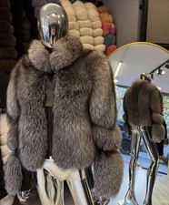 Women's Silver Real Fox Fur Coat Luxury Handmade Winter Jacket