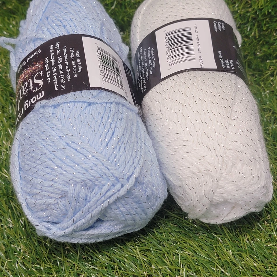 Mary Maxim Starlette Sparkle Worsted Yarn Lot Of 2 - White Sparkle & Blue Ice - Image 4 of 4