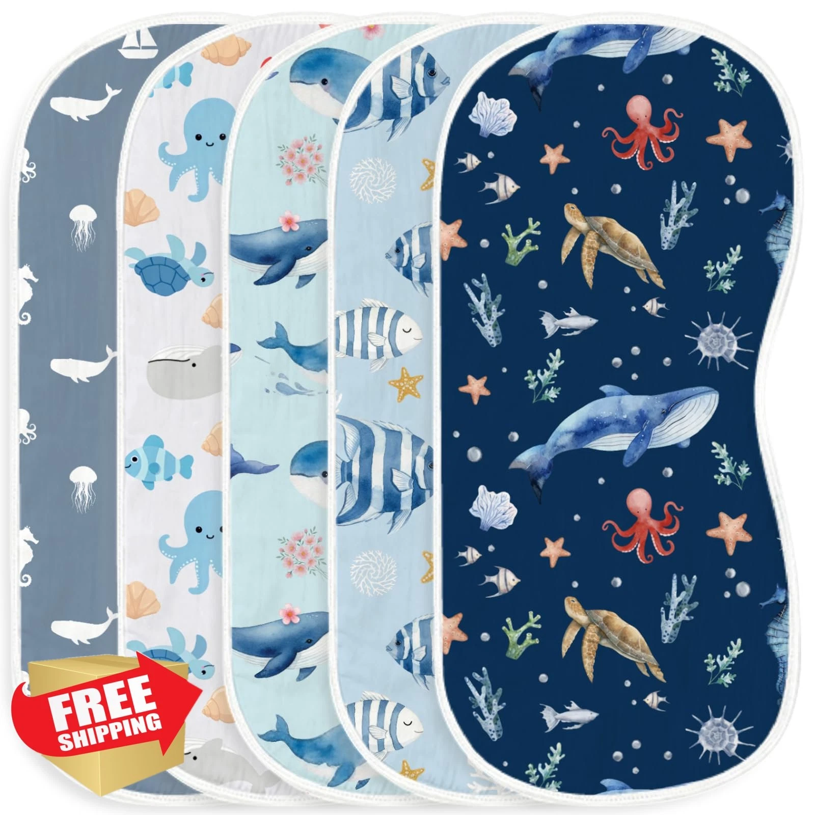 Wauprant Burp Cloths 5 Pcs Ocean Animals Print