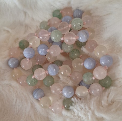 Polished Round Bead Pastel Pink Quartz Agate & Aventurine Tied Necklace Vintage