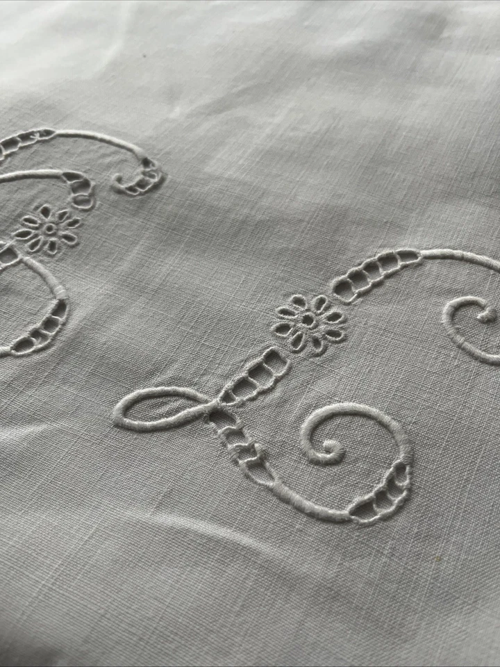 Antique French 100% Linen Trousseau Sheet Monogrammed Ladderwork Chateau King - Image 4 of 4