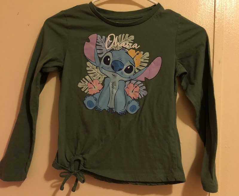 Stitch Ohana Olive Green Girls Long Sleeve Shirt Size 7/8