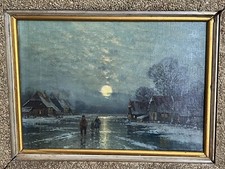Antik Ölgemälde Ölbild Winterlandschaft Impressionismus Häuser Mondlicht um-1900